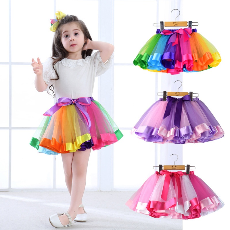 Little Girls Layered Rainbow Ribbon Tutu Skirt Dress Ballet